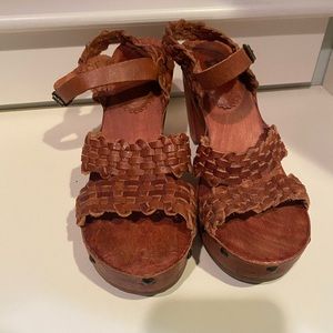 Leather braided sandals with wooden chunky heel. Barely worn!